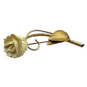 Vintage Large Wells 14K GF Gold Celluloid White Rose Brooch Pin MCM Flower